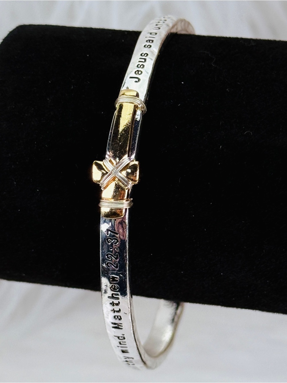 Beautiful silvertone goldtone etched religious proverb cross bangle bracelet